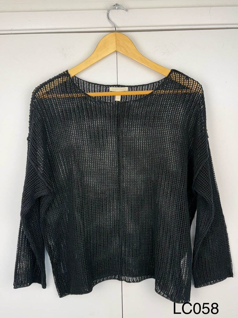 Eileen Fisher Black Organic Linen Open Knit Mesh Sweater M